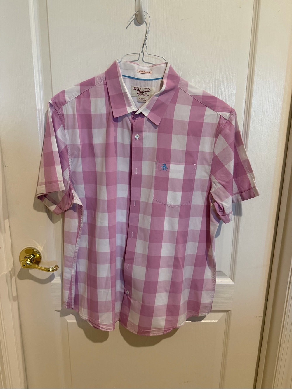 Original Penguin Men’s Pink and White Gingham Short-Sleeve Button-Down Shirt